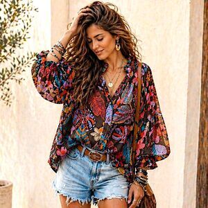 NWT Fate M Peasant Tropical Floral Boho 3/4 Balloon Sleeve Gypsy Festival Top